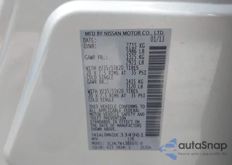 2013 Infiniti Jx35 z USA, uszkodzony, nr VIN 5N1AL0MN1DC334961